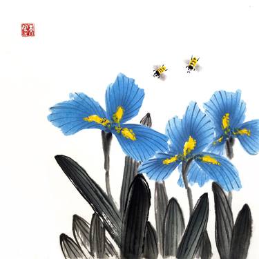 Blue irises and dancing bees  - Oriental Chinese Ink thumb