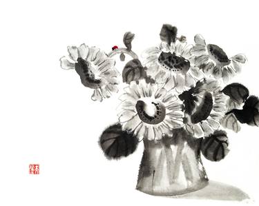 Monochromatic ink sunflowers and red ladybug  - Oriental Chinese Ink thumb
