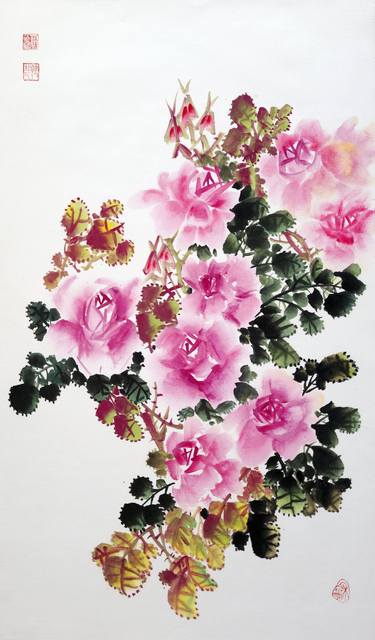 Pink Roses  - Oriental Chinese Ink thumb