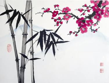 Bamboo and red plum with the background of a mountain - Oriental Chinese Ink Painting thumb