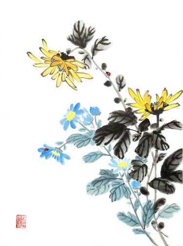Yellow and blue chrysanthemums with two red ladybug- Ink Painting thumb