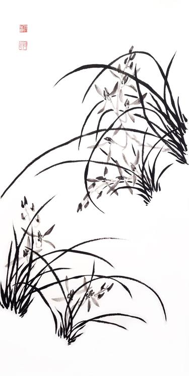 Ink monochromatic orchids - Oriental Chinese Ink Painting thumb