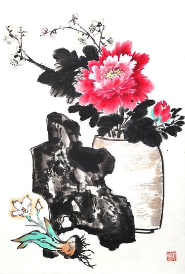 Peony in a vase with stone and narcissus - Chinese Ink Painting thumb