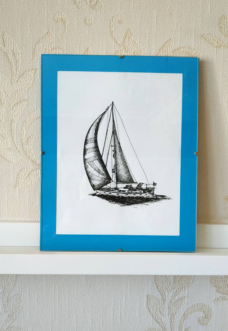 Original Art Deco Boat Drawing by Olga Smirnova