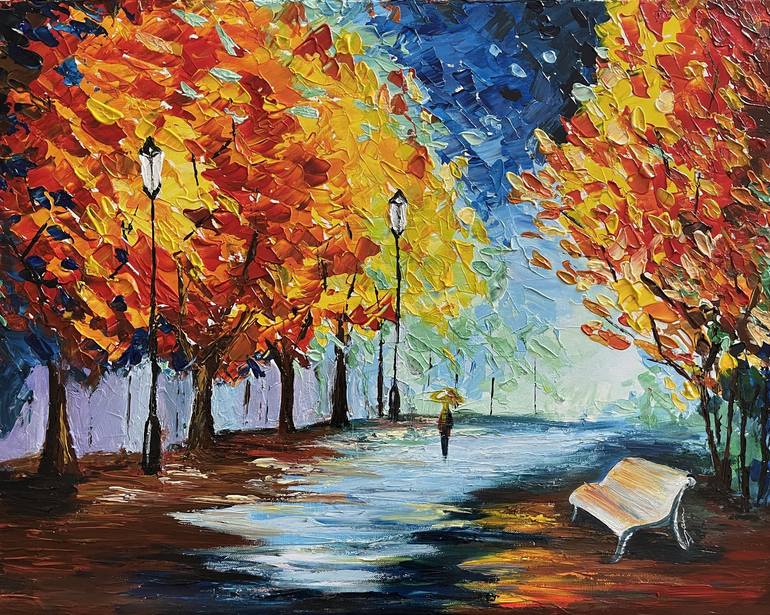 Night Walk in Autumn Light Painting by Daria Ceppelli | Saatchi