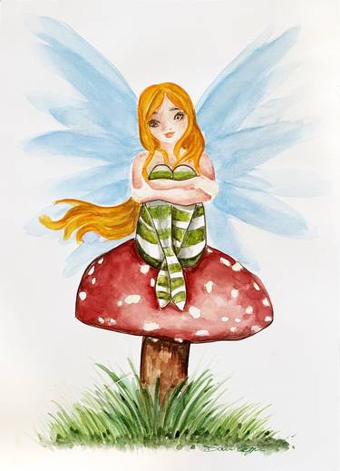 blonde fairy on watercolor mushroom thumb