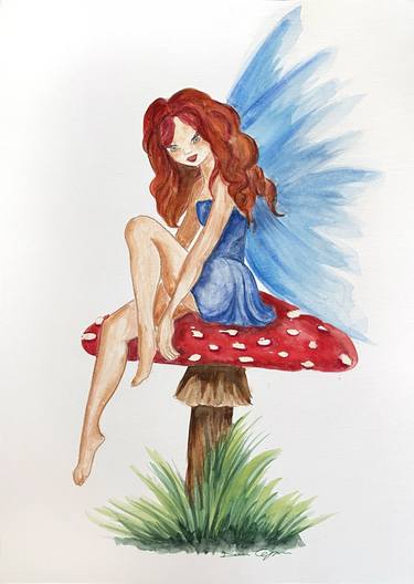 red fairy on watercolor mushroom thumb