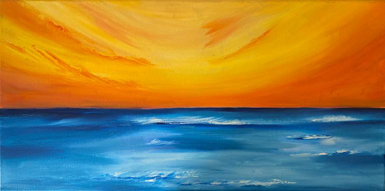 Original Seascape Painting by Daria Ceppelli | Minimalism Art on Canvas | Endless Summer - Orange Sunset Over the Blue Sea