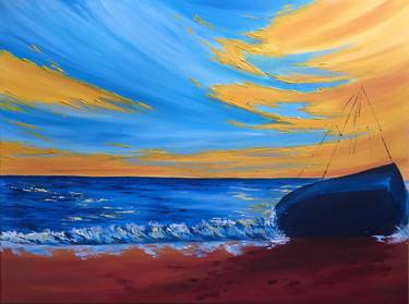 sailboat on the beach at sunset thumb
