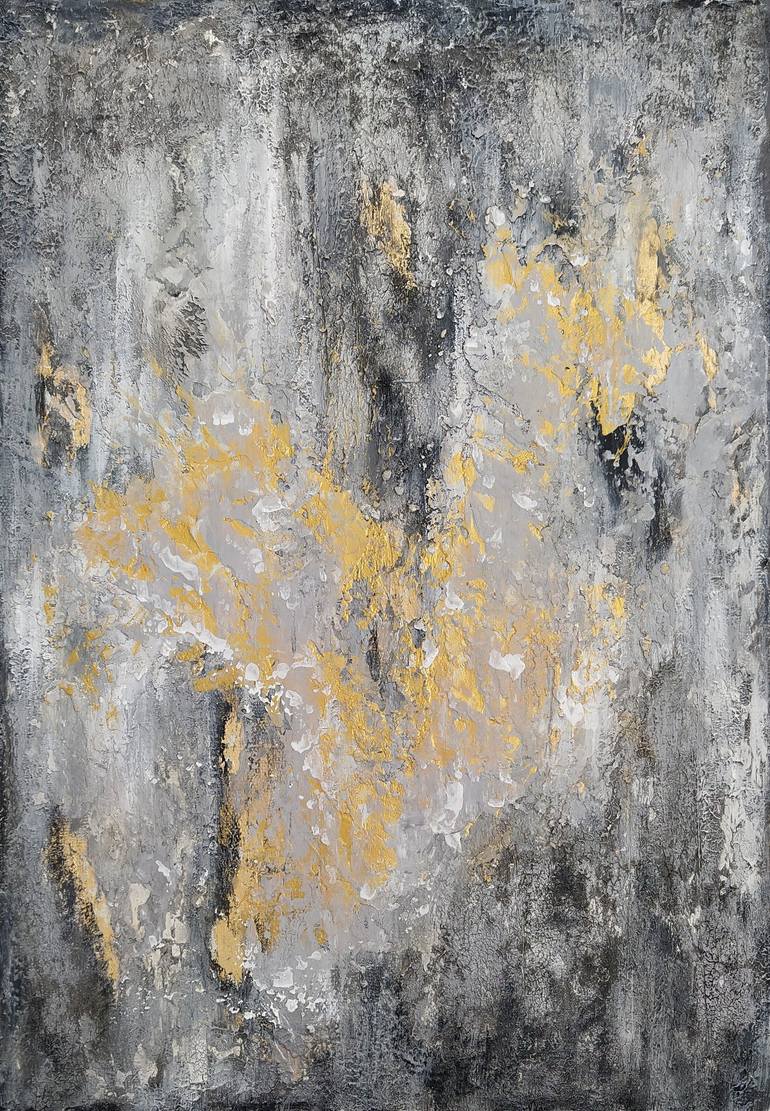 Textured acrylic painting on canvas. Gold and gray. Abstract wall art