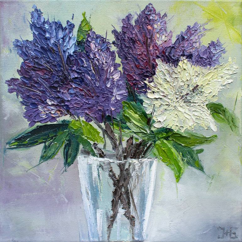 LILAC - oil painting with a palette knife, original gift, mini present ...