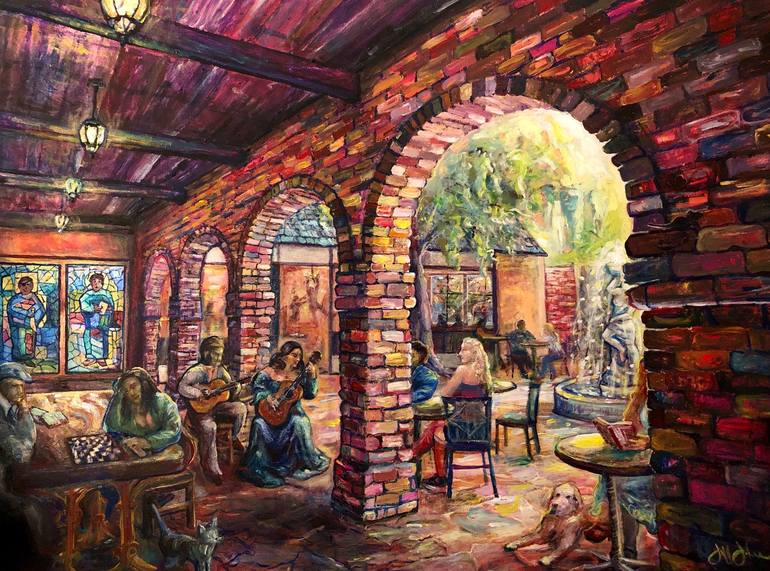Original Architecture Painting by Jeff Johnson | Contemporary Art on Canvas | Musicians at the Vineyard Cafe