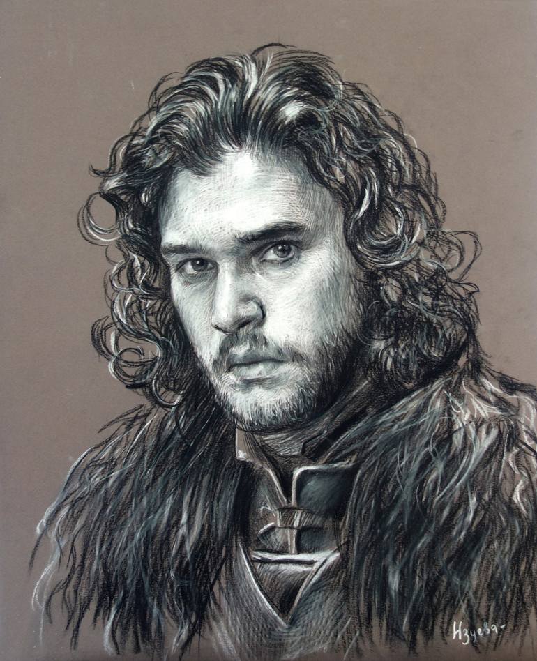 JON SNOW GAME OF THRONES WITH CHARCOAL SOFT PASTEL PAINT PRINT ON FRAMED CANVAS 
