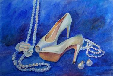 White shoes-original watercolor painting, blue background thumb