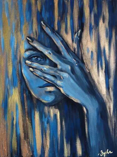 VISION- Female art, blue woman painting on canvas, original fine art portraiture, home design art, beautiful girl, moonlight, woman blue eyes gold thumb