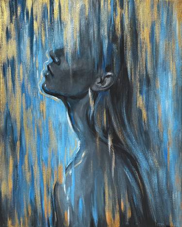 Alter ego- print on Canvas,woman face in profile blue, gold shiny abstract background thumb