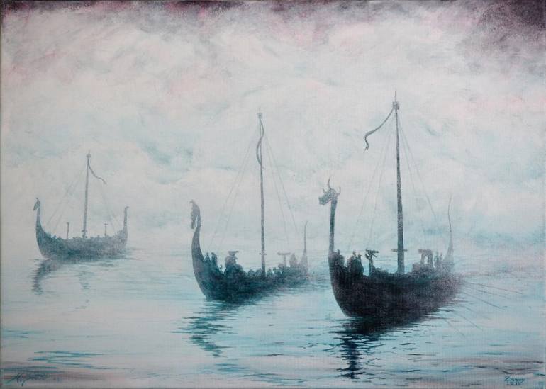 Viking Ships From The Mist Painting By Malcolm Sutherland | Saatchi Art