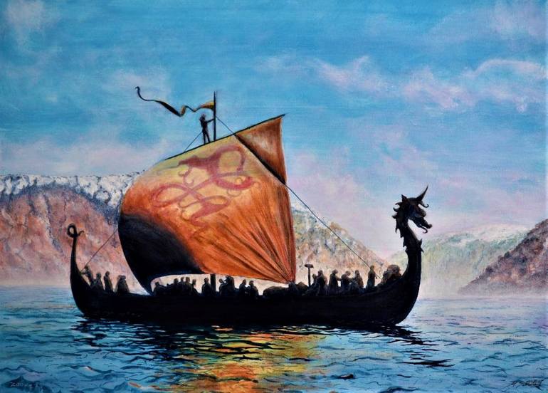 Viking Ship On The Sea By Vlastimil Sestak, Viking Sea