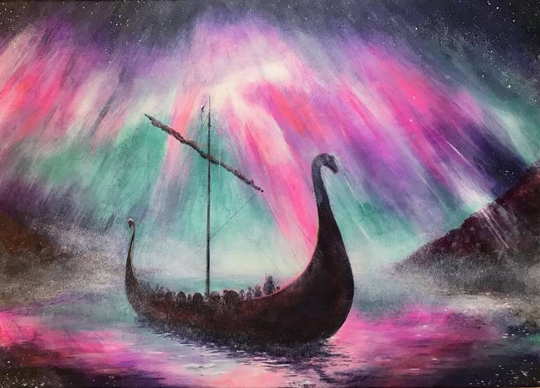 Viking ship under Northern lights Painting by Malcolm Sutherland