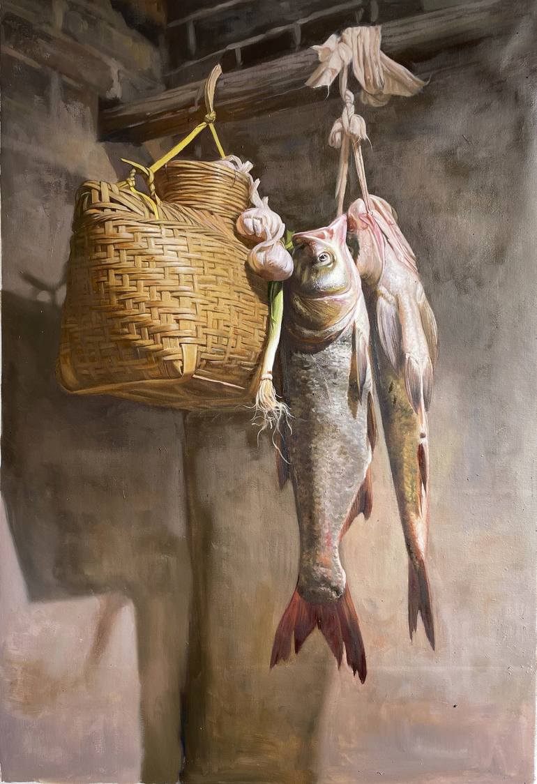 Still life painting:Fish and wicker basket - $650 Painting by