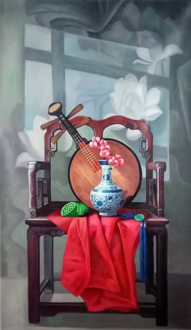 STILL LIFE：CHINESE CHINA WITH CHINESE LUTE ON THE CHAIR thumb