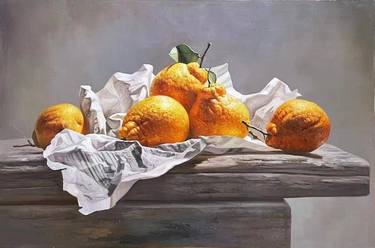 Still life: oranges with newspaper on the wood c102 thumb