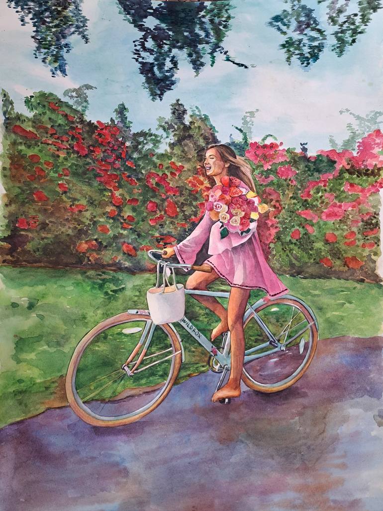 Original Women Painting by Daria Shulyanskaya | Pop Art Art on Paper | Bike ride in the garden