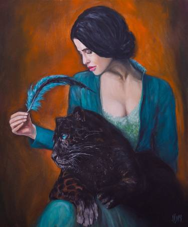 Brunette with black leopard. thumb