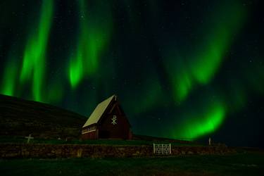 Northern lights in a little church in Westfjords, Iceland thumb