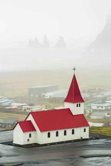 Closeup of the church in Vik i Myrdal in a foggy day, Iceland thumb