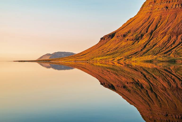 Original Landscape Photography by Luigi Morbidelli | Digital Art Art on Paper | Kirkjufell mountain at sunset reflected on the water, Iceland