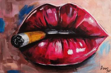 WOULD YOU LIKE SMOKE WITH ME? - original acrylic painting, home decor, lips painting, pop art thumb