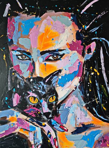 CAT PLANET - original acrylic painting, home decor, beautiful girl, CAT painting, pop art thumb