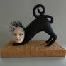 3D sculpture, Cat with a woman face, hand made, painted in black, one of a kind, stand on wooden stand