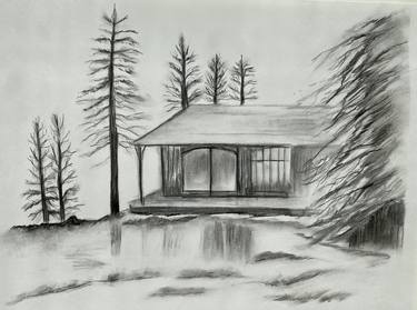 Small House House Sketch Graphics Coal Nature Trees Reflection Black White River Calmness Silence Drawing By Alsu Vagidullina Saatchi Art