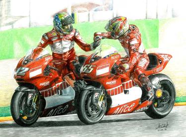 Loris Capirossi and Troy Bayliss MotoGP. Original drawing. Motorcycle sport thumb