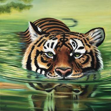 Tiger in The Water Portrait original oil painting thumb