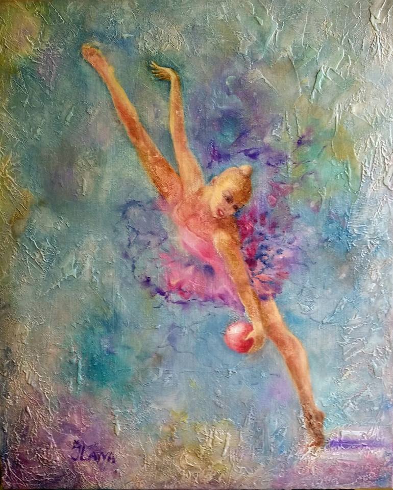 Gymnast in pink on blue background. Exercise with ball. Painting