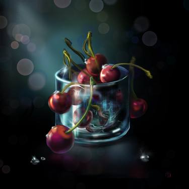 Sweet cherries in glass of champagne thumb