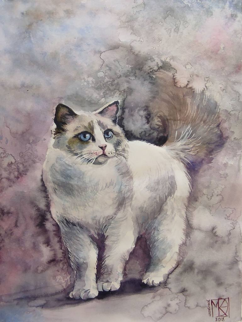 BLUE EYES WATERCOLOR CAT Painting by Maria Kireev | Saatchi Art
