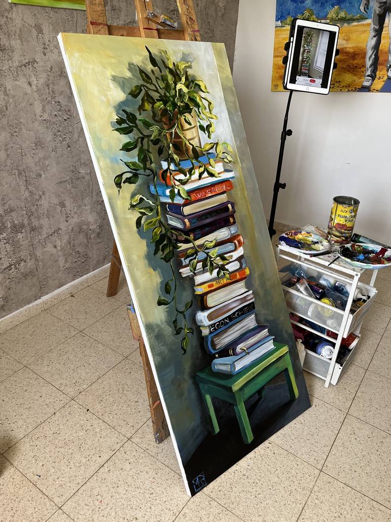 STILL LIFE WITH BOOKS AND PLANTS Painting by Maria Kireev