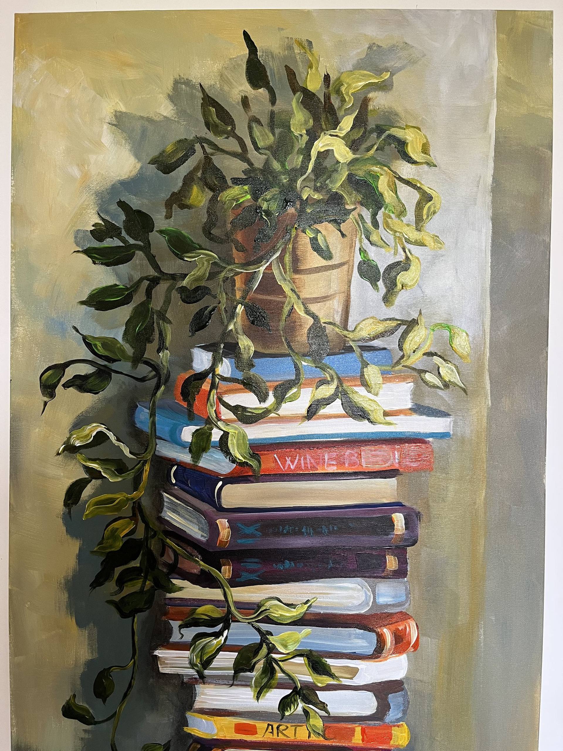 STILL LIFE WITH BOOKS AND PLANTS Painting by Maria Kireev