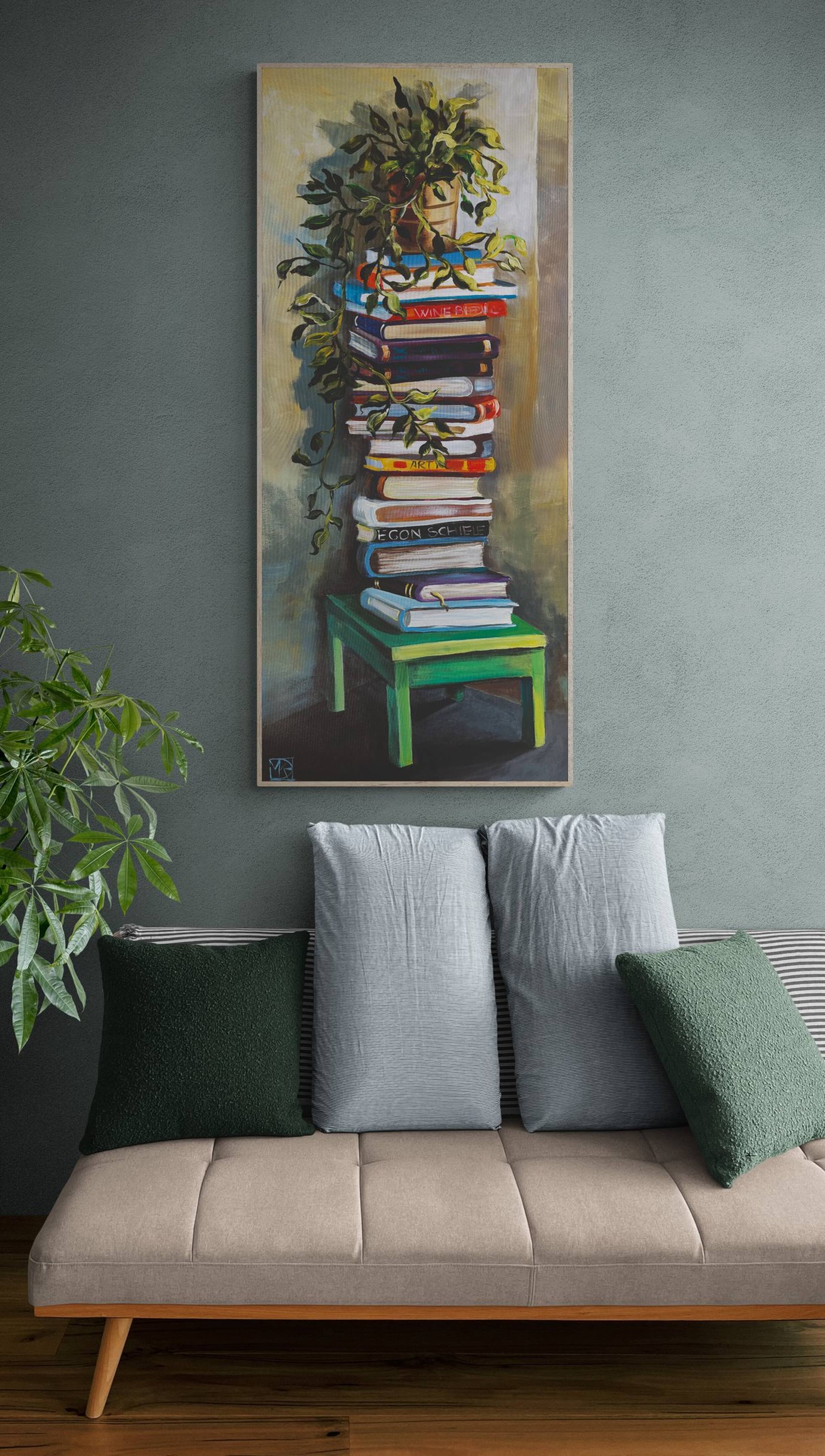 Still life with books and plants Acrylic painting by Maria Kireev