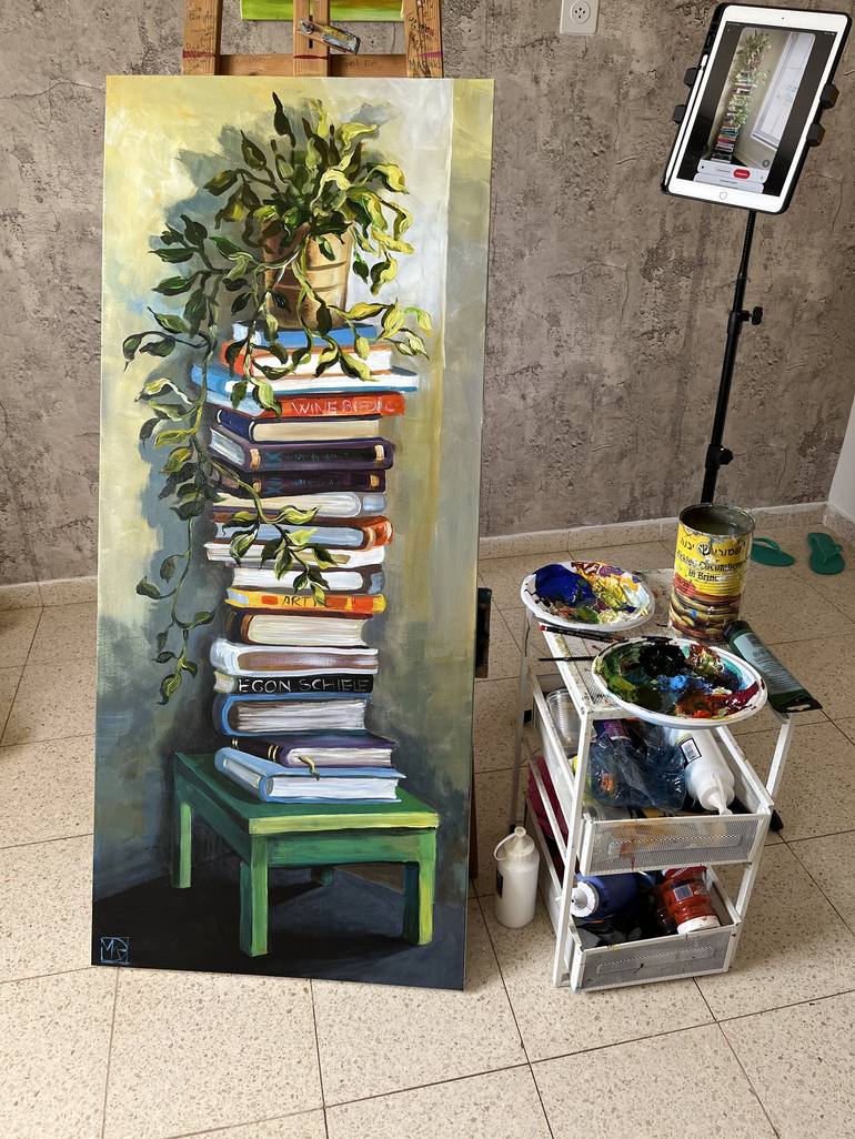 STILL LIFE WITH BOOKS AND PLANTS Painting by Maria Kireev