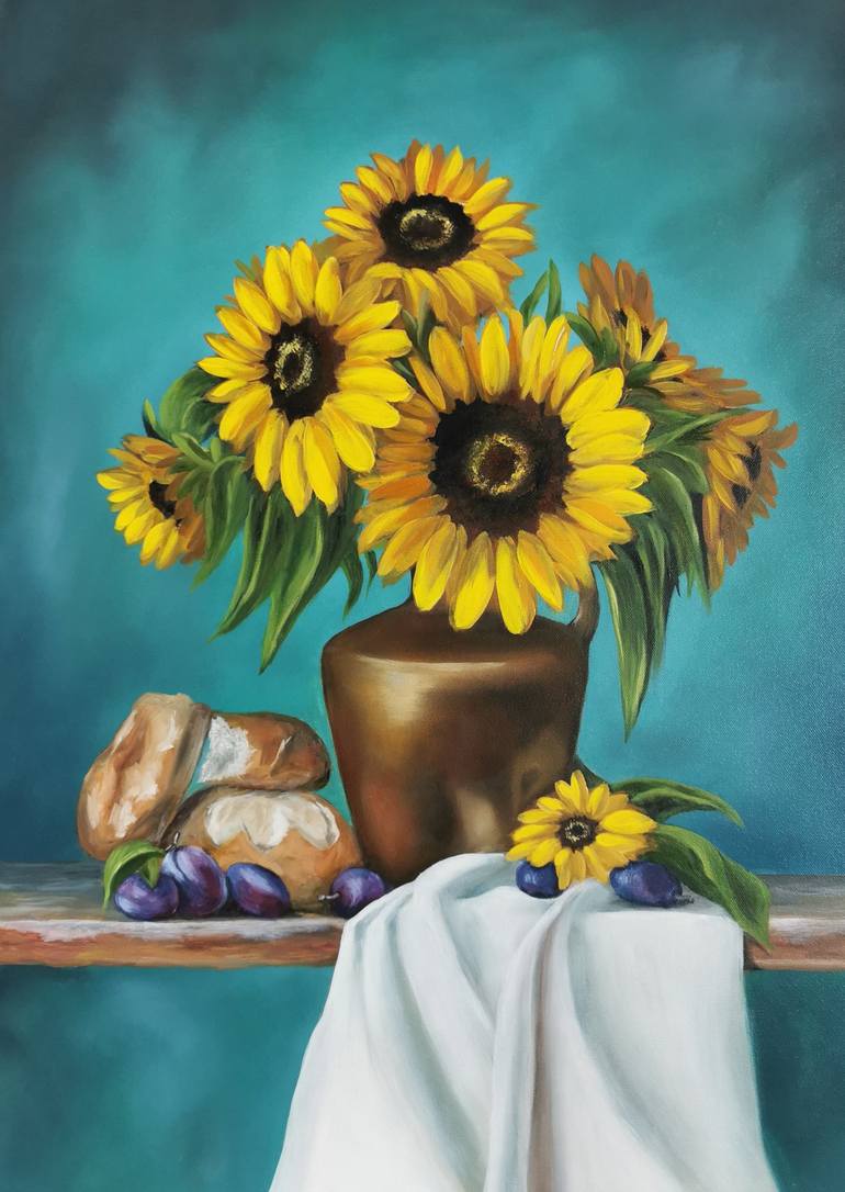 Sunflowers In A Peacock Vase By Christopher Pierce