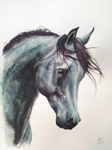 Horse Monochrome Watercolor Granulation farm animals thumb