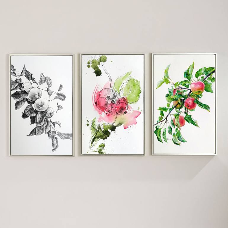 Apple Triptych-Watercolor Painting, Summer, Botanical, Original Gift, Nature-Paintings, Art For Sale, Wall Art Painting, Paper Print Painting By Ekaterina Kosiak | Saatchi Art