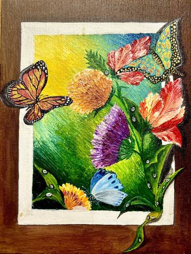 Blooming flowers and fluttering butterflies thumb