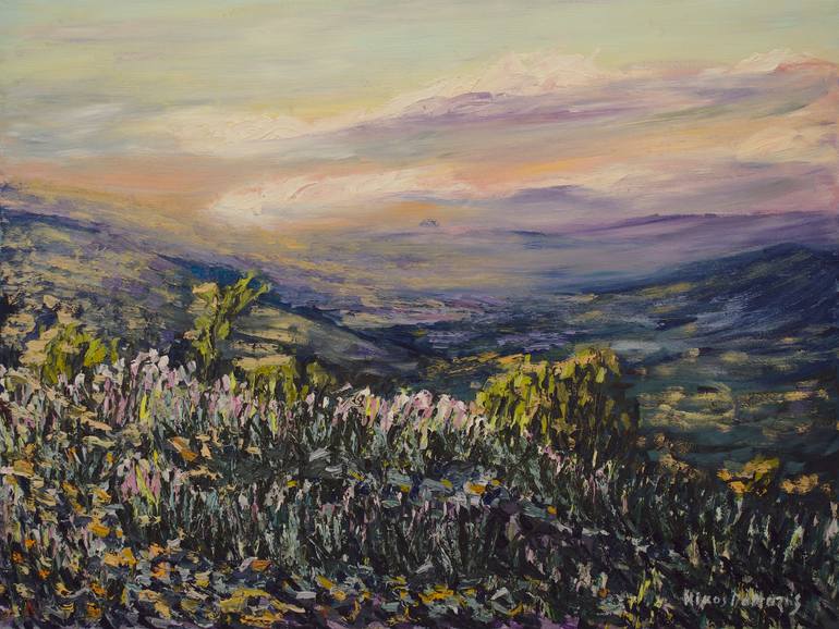 Original Landscape Painting by Nikos Pantazis | Impressionism Art on Canvas | Purple flowers at the sunset