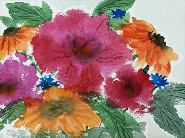 Original Expressionism Floral Painting by Lubna Khan